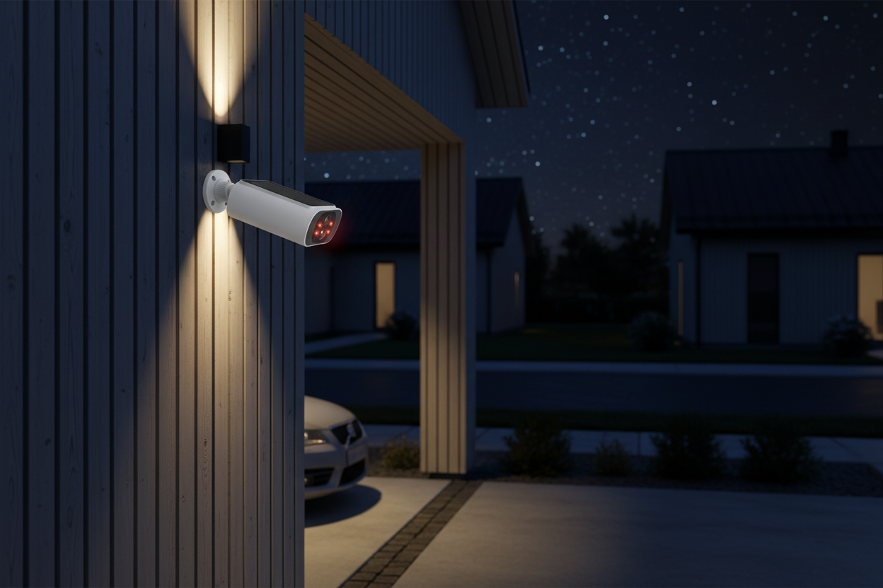 Alempeada solar camera mounted on house exterior wall at night