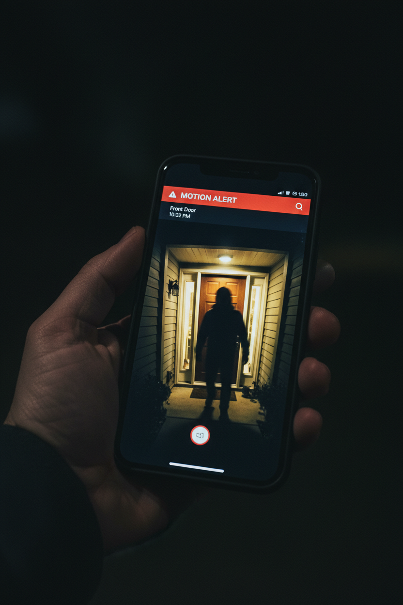 Phone showing live camera feed with motion alert notification