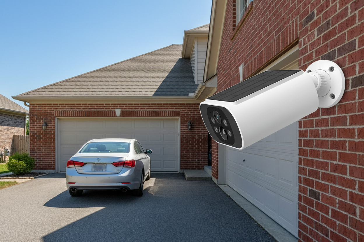 Alempeada solar camera mounted above garage door, daytime